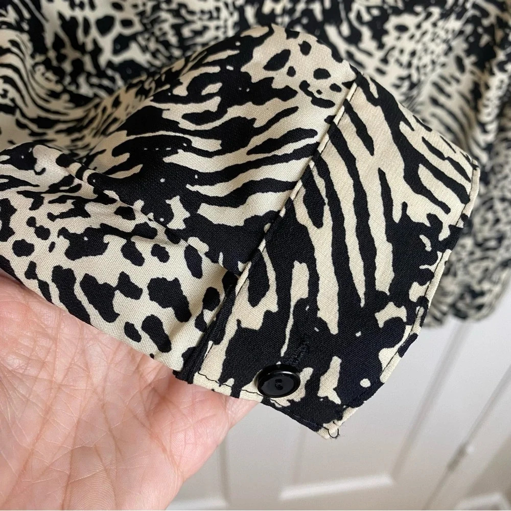 Notations Long Sleeve Collared Button Down Animal Print Black & Beige Bl⦠- Picture 6 of 7